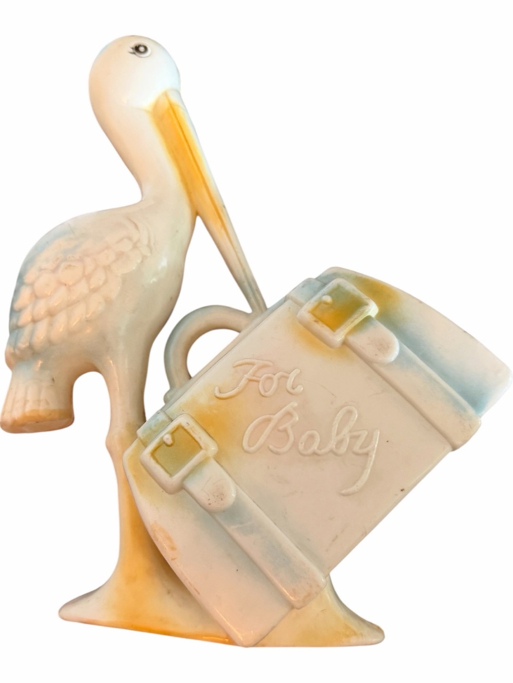 Vintage Cream Pale Yellow Stork Figurine Bank Vintage Nursery Decor
